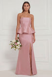 Mermaid Blue White Flower Strapless Bridesmaid Dress with Slit