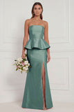 Mermaid Blue White Flower Strapless Bridesmaid Dress with Slit