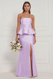Mermaid Blue White Flower Strapless Bridesmaid Dress with Slit