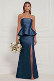 Mermaid Blue White Flower Strapless Bridesmaid Dress with Slit