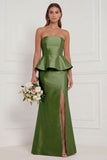 Mermaid Blue White Flower Strapless Bridesmaid Dress with Slit