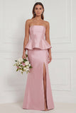 Mermaid Blue White Flower Strapless Bridesmaid Dress with Slit