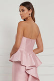 Mermaid Blue White Flower Strapless Bridesmaid Dress with Slit