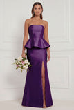 Mermaid Blue White Flower Strapless Bridesmaid Dress with Slit
