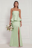 Mermaid Blue White Flower Strapless Bridesmaid Dress with Slit