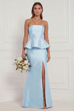 Mermaid Blue White Flower Strapless Bridesmaid Dress with Slit