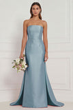 Blue White Flower Strapless Bridesmaid Dress