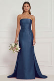 Blue White Flower Strapless Bridesmaid Dress