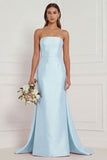 Blue White Flower Strapless Bridesmaid Dress
