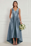 A Line Blue White Flower V-Neck High-Low Bridesmaid Dress