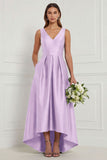 A Line Blue White Flower V-Neck High-Low Bridesmaid Dress