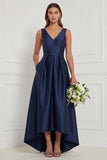 A Line Blue White Flower V-Neck High-Low Bridesmaid Dress