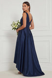 A Line Blue White Flower V-Neck High-Low Bridesmaid Dress