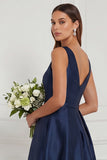 A Line Blue White Flower V-Neck High-Low Bridesmaid Dress