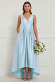 A Line Blue White Flower V-Neck High-Low Bridesmaid Dress