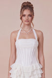 Halter Corset Tiered Ruffled White Graduation Dress with Side Streamer