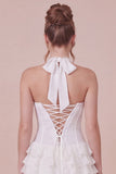 Halter Corset Tiered Ruffled White Graduation Dress with Side Streamer