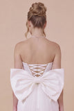 Strapless Basque Satin Bodycon White Graduation Dress with Bow
