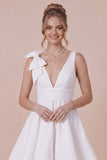 White A Line V-Neck Graduation Dress with Bow