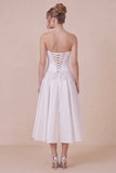 White Satin A Line Corset Midi Dress with Lace-up Back