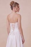 White Satin A Line Corset Midi Dress with Lace-up Back