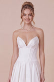 White Satin A Line Corset Midi Dress with Lace-up Back
