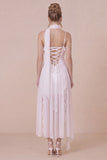 White Lace Ruffled Spaghetti Straps Engagement Dress with Scarf