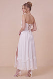 Strapless A Line 3D Flower White Engagement Dress with Slit
