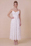 White Ruffled Spaghetti Straps A Line Midi Dress with Lace-up Back