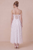 White Ruffled Spaghetti Straps A Line Midi Dress with Lace-up Back