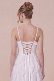 White Ruffled Spaghetti Straps A Line Midi Dress with Lace-up Back