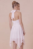Ruffled Halter White Graduation Dress with Lace-up Back
