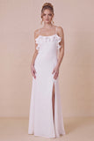 White Spaghetti Straps Ruffle Engagement Dress with Slit