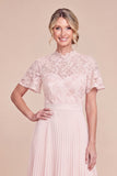 Blush Pink Pleated Mum Of the Bride Dress with Short Sleeves