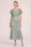 Green Mermaid V-Neck Ruched Mum Of the Bride Dress with Flutter Sleeves