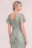 Green Mermaid V-Neck Ruched Mum Of the Bride Dress with Flutter Sleeves