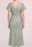 Green Mermaid V-Neck Ruched Mum Of the Bride Dress with Flutter Sleeves