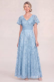 Light Blue Appliqued V-Neck Mum Of the Bride Dress with Sequins