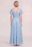 Light Blue Appliqued V-Neck Mum Of the Bride Dress with Sequins