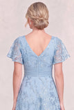 Light Blue Appliqued V-Neck Mum Of the Bride Dress with Sequins