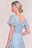 Light Blue Appliqued V-Neck Mum Of the Bride Dress with Sequins