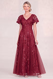 Burgundy Tulle V-Neck Long Mum Of the Bride Dress with Sequins