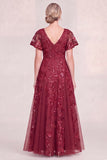 Burgundy Tulle V-Neck Long Mum Of the Bride Dress with Sequins