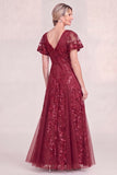 Burgundy Tulle V-Neck Long Mum Of the Bride Dress with Sequins