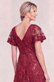 Burgundy Tulle V-Neck Long Mum Of the Bride Dress with Sequins