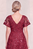 Burgundy Tulle V-Neck Long Mum Of the Bride Dress with Sequins