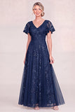 Burgundy Tulle V-Neck Long Mum Of the Bride Dress with Sequins