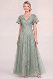 Burgundy Tulle V-Neck Long Mum Of the Bride Dress with Sequins