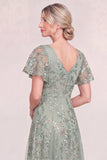 Burgundy Tulle V-Neck Long Mum Of the Bride Dress with Sequins