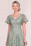 Burgundy Tulle V-Neck Long Mum Of the Bride Dress with Sequins